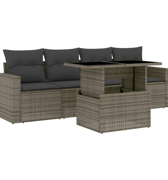 5-tlg. Garten-Sofagarnitur mit Kissen Grau Poly Rattan