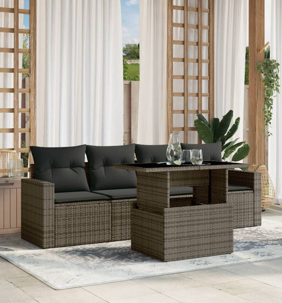 5-tlg. Garten-Sofagarnitur mit Kissen Grau Poly Rattan