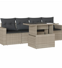 5-tlg. Garten-Sofagarnitur mit Kissen Hellgrau Poly Rattan