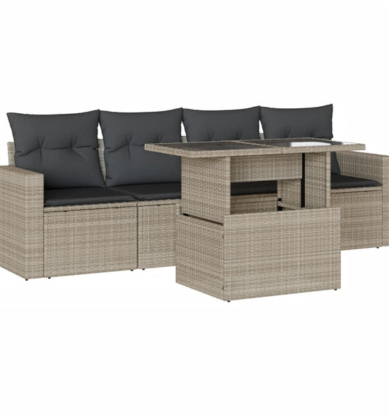 5-tlg. Garten-Sofagarnitur mit Kissen Hellgrau Poly Rattan