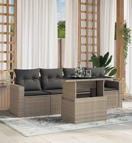 5-tlg. Garten-Sofagarnitur mit Kissen Hellgrau Poly Rattan