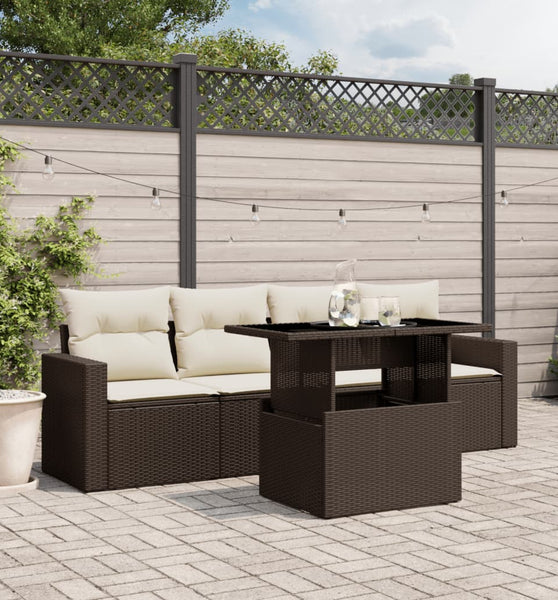 5-tlg. Garten-Sofagarnitur mit Kissen Braun Poly Rattan