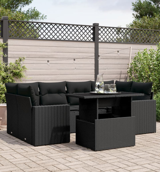 7-tlg. Garten-Sofagarnitur mit Kissen Schwarz Poly Rattan