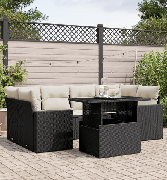 7-tlg. Garten-Sofagarnitur mit Kissen Schwarz Poly Rattan