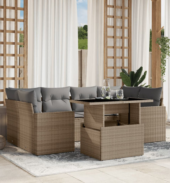 7-tlg. Garten-Sofagarnitur mit Kissen Beige Poly Rattan