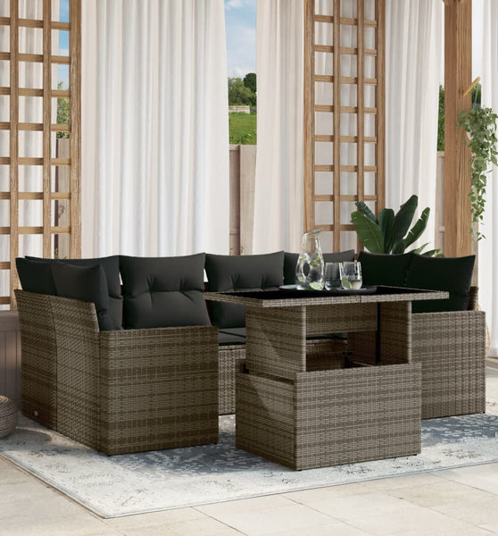 7-tlg. Garten-Sofagarnitur mit Kissen Grau Poly Rattan