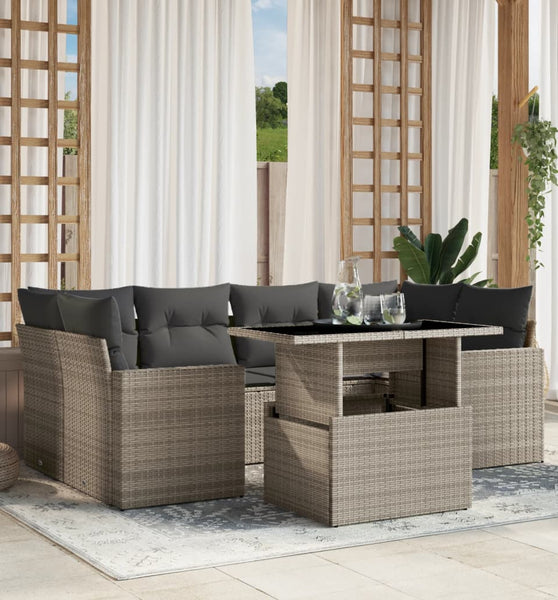 7-tlg. Garten-Sofagarnitur mit Kissen Hellgrau Poly Rattan