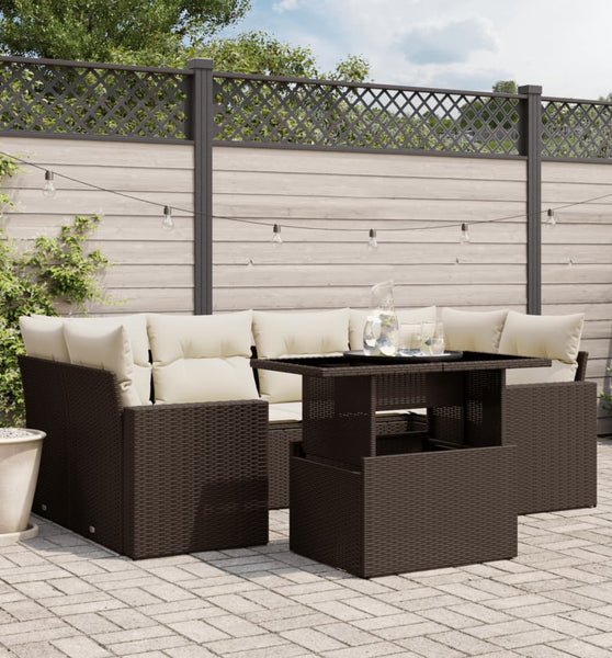 7-tlg. Garten-Sofagarnitur mit Kissen Braun Poly Rattan
