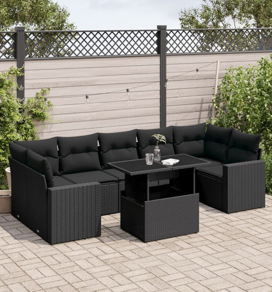 8-tlg. Garten-Sofagarnitur mit Kissen Schwarz Poly Rattan