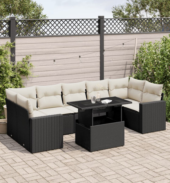 8-tlg. Garten-Sofagarnitur mit Kissen Schwarz Poly Rattan