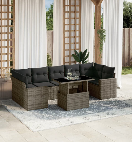 8-tlg. Garten-Sofagarnitur mit Kissen Grau Poly Rattan
