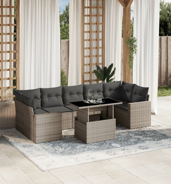 8-tlg. Garten-Sofagarnitur mit Kissen Hellgrau Poly Rattan