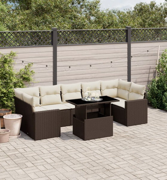 8-tlg. Garten-Sofagarnitur mit Kissen Braun Poly Rattan