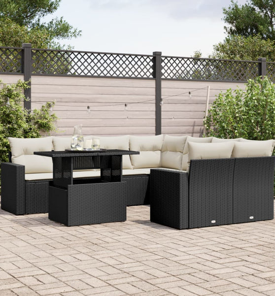 9-tlg. Garten-Sofagarnitur mit Kissen Schwarz Poly Rattan