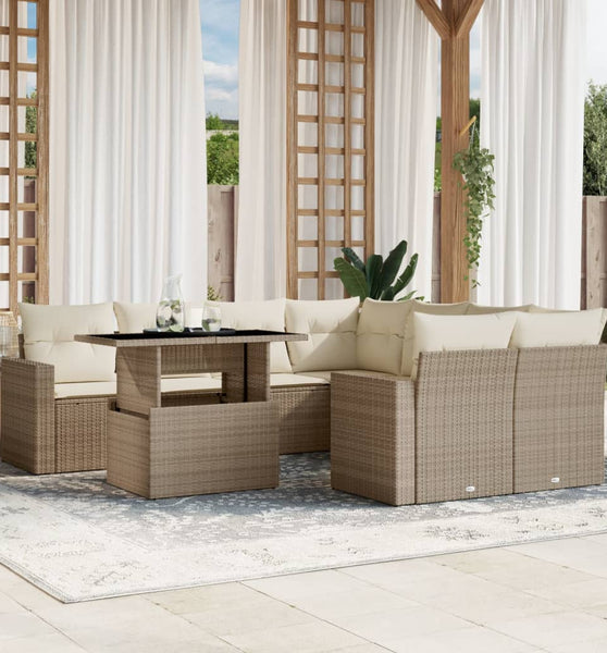 9-tlg. Garten-Sofagarnitur mit Kissen Beige Poly Rattan