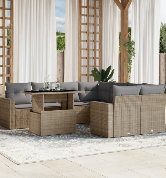 9-tlg. Garten-Sofagarnitur mit Kissen Beige Poly Rattan