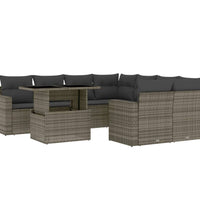 9-tlg. Garten-Sofagarnitur mit Kissen Grau Poly Rattan