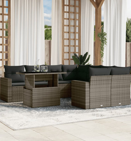 9-tlg. Garten-Sofagarnitur mit Kissen Grau Poly Rattan