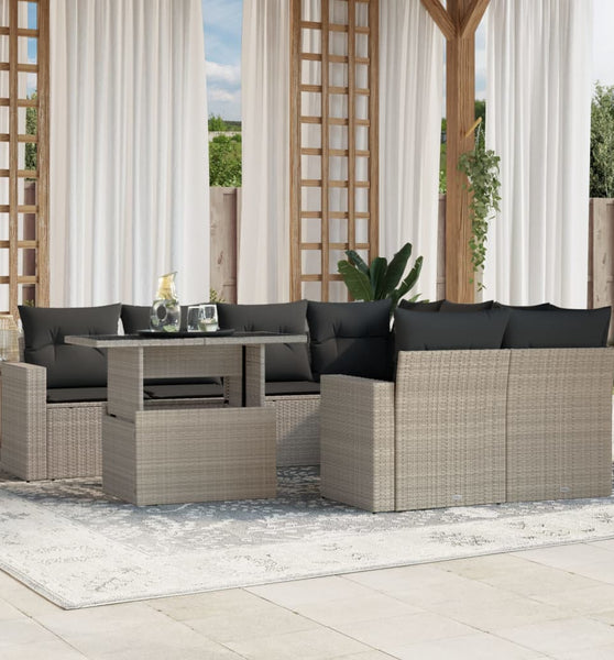9-tlg. Garten-Sofagarnitur mit Kissen Hellgrau Poly Rattan