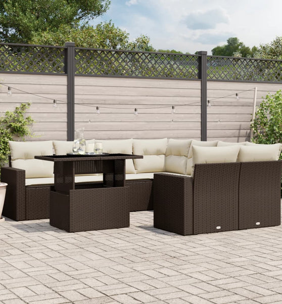 9-tlg. Garten-Sofagarnitur mit Kissen Braun Poly Rattan