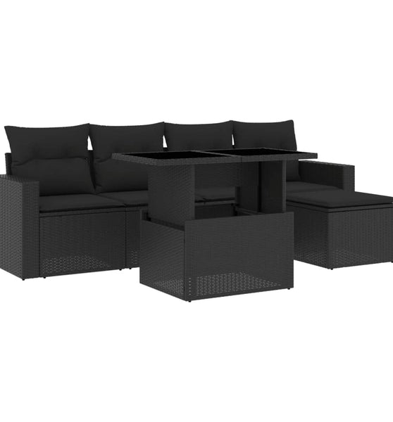 6-tlg. Garten-Sofagarnitur mit Kissen Schwarz Poly Rattan