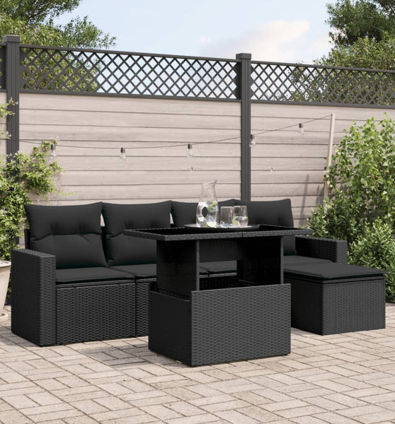 6-tlg. Garten-Sofagarnitur mit Kissen Schwarz Poly Rattan