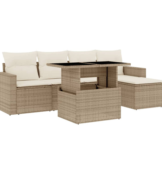 6-tlg. Garten-Sofagarnitur mit Kissen Beige Poly Rattan
