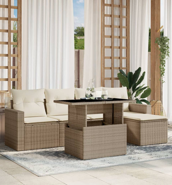 6-tlg. Garten-Sofagarnitur mit Kissen Beige Poly Rattan