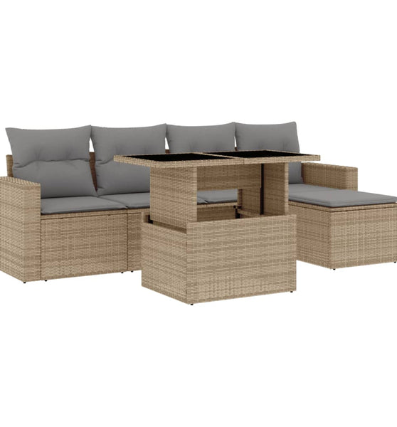 6-tlg. Garten-Sofagarnitur mit Kissen Beige Poly Rattan