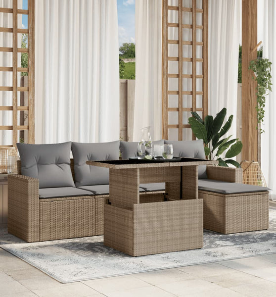 6-tlg. Garten-Sofagarnitur mit Kissen Beige Poly Rattan