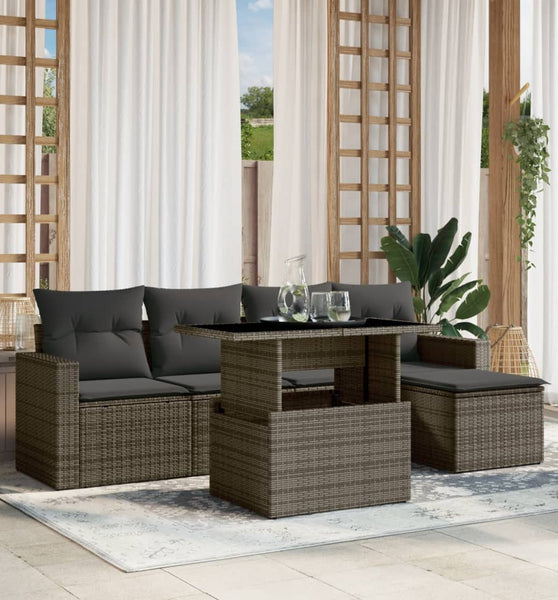 6-tlg. Garten-Sofagarnitur mit Kissen Grau Poly Rattan