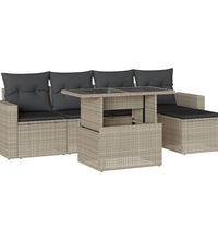 6-tlg. Garten-Sofagarnitur mit Kissen Hellgrau Poly Rattan