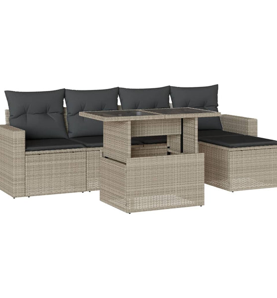 6-tlg. Garten-Sofagarnitur mit Kissen Hellgrau Poly Rattan