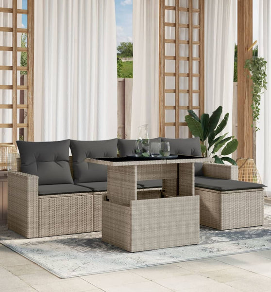6-tlg. Garten-Sofagarnitur mit Kissen Hellgrau Poly Rattan