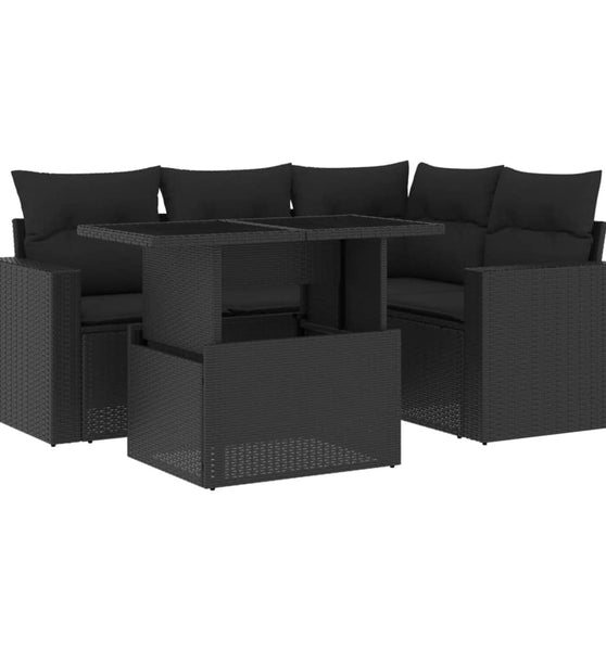 5-tlg. Garten-Sofagarnitur mit Kissen Schwarz Poly Rattan