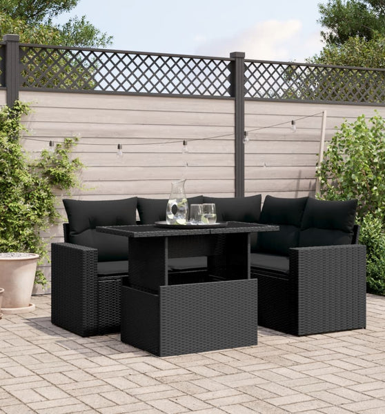 5-tlg. Garten-Sofagarnitur mit Kissen Schwarz Poly Rattan