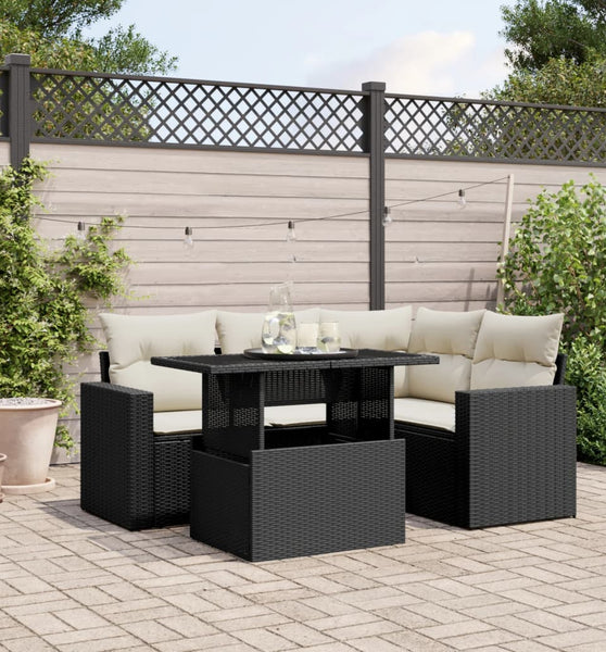 5-tlg. Garten-Sofagarnitur mit Kissen Schwarz Poly Rattan