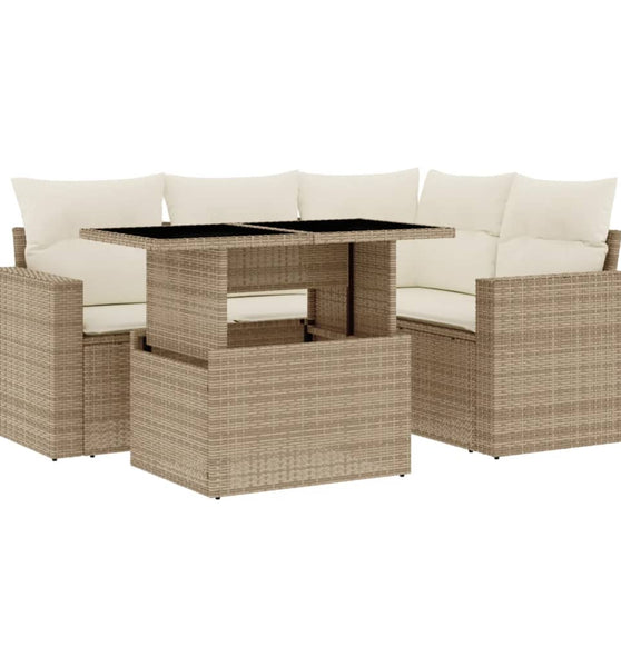 5-tlg. Garten-Sofagarnitur mit Kissen Beige Poly Rattan