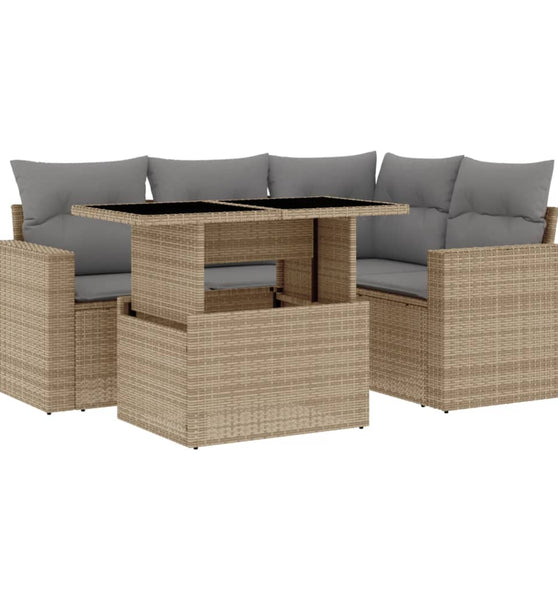 5-tlg. Garten-Sofagarnitur mit Kissen Beige Poly Rattan