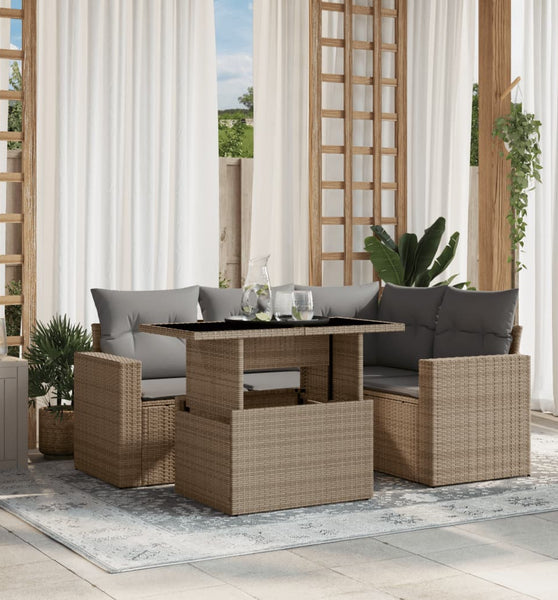 5-tlg. Garten-Sofagarnitur mit Kissen Beige Poly Rattan