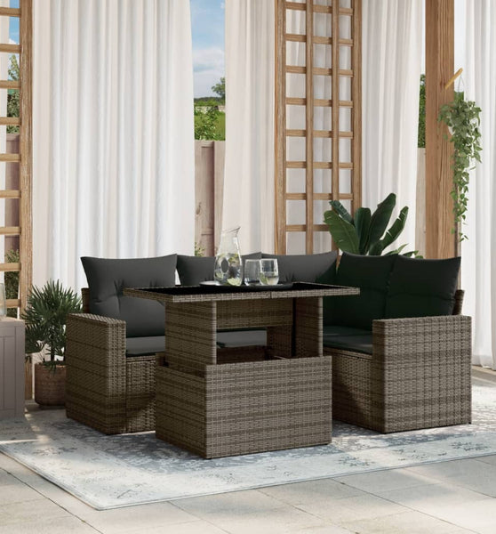 5-tlg. Garten-Sofagarnitur mit Kissen Grau Poly Rattan