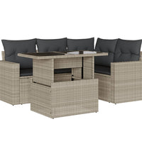 5-tlg. Garten-Sofagarnitur mit Kissen Hellgrau Poly Rattan