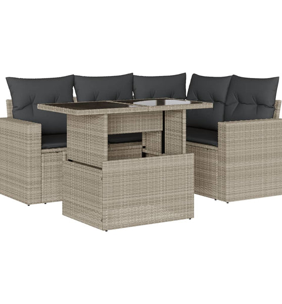 5-tlg. Garten-Sofagarnitur mit Kissen Hellgrau Poly Rattan