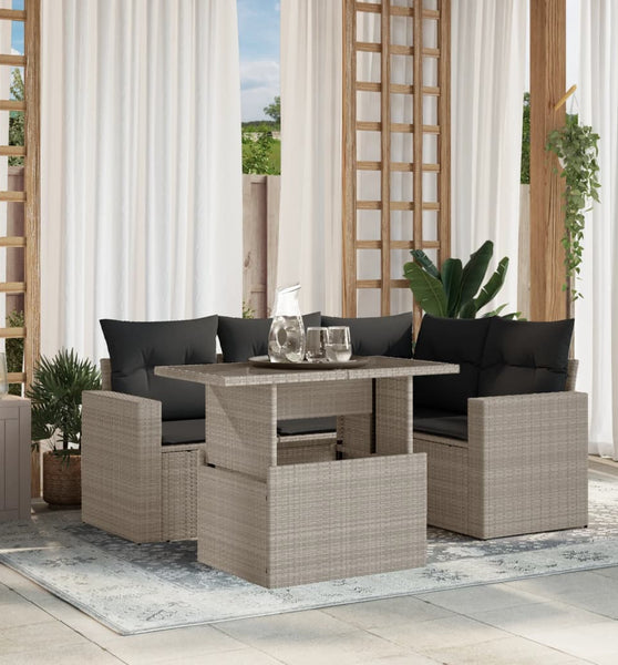 5-tlg. Garten-Sofagarnitur mit Kissen Hellgrau Poly Rattan