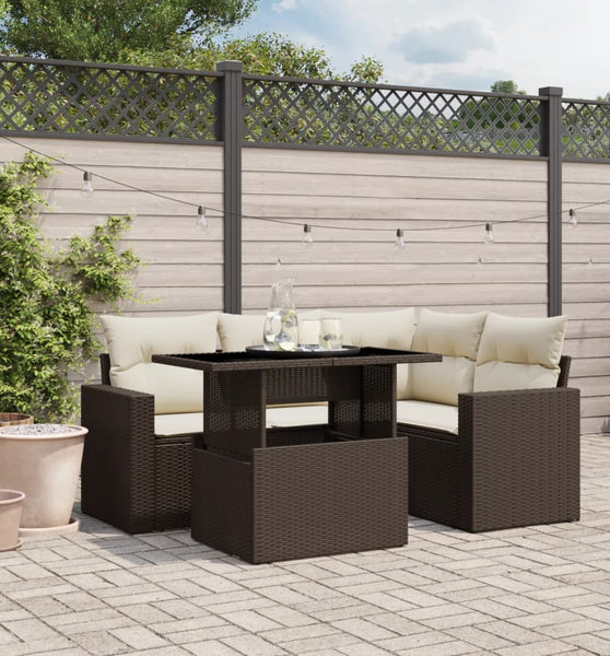 5-tlg. Garten-Sofagarnitur mit Kissen Braun Poly Rattan