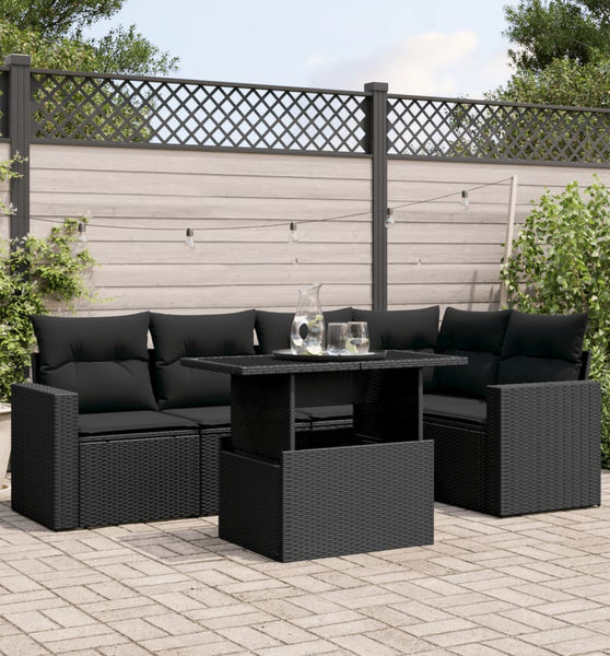 6-tlg. Garten-Sofagarnitur mit Kissen Schwarz Poly Rattan