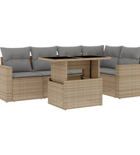 6-tlg. Garten-Sofagarnitur mit Kissen Beige Poly Rattan