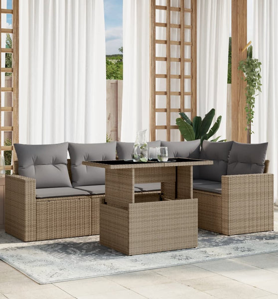 6-tlg. Garten-Sofagarnitur mit Kissen Beige Poly Rattan