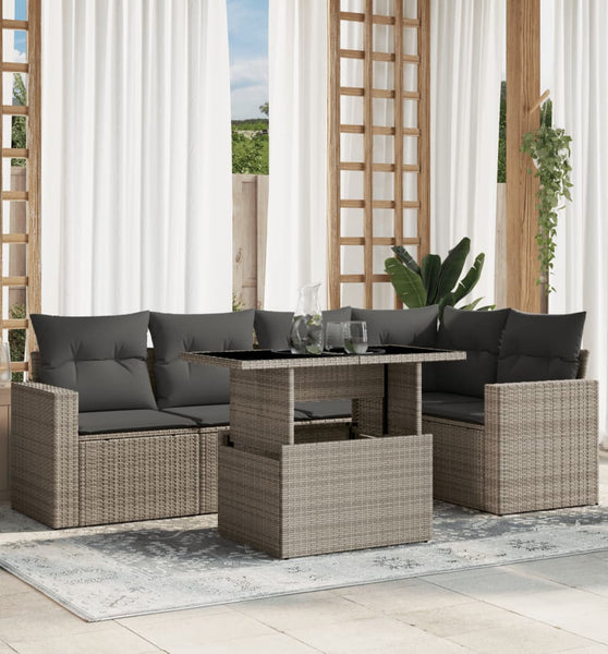6-tlg. Garten-Sofagarnitur mit Kissen Hellgrau Poly Rattan