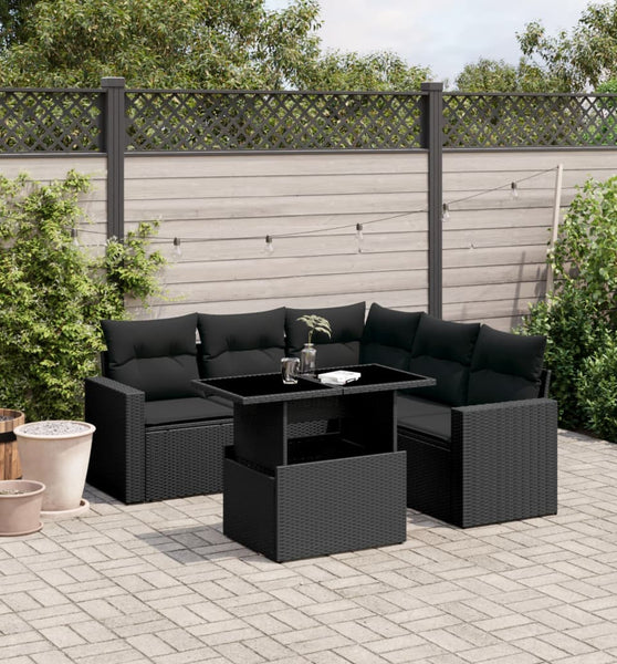 6-tlg. Garten-Sofagarnitur mit Kissen Schwarz Poly Rattan